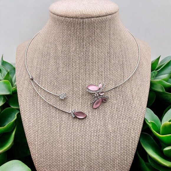 Pink Butterfly Silver Toner Choker Necklace Collar Rhinestone Accents - Picture 1 of 6